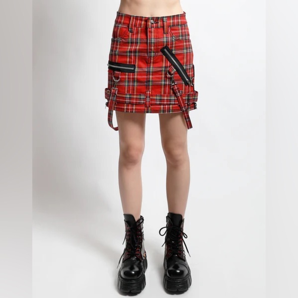Tripp NYC BONDAGE Red Plaid Mini Skirt with Hardware Detail
